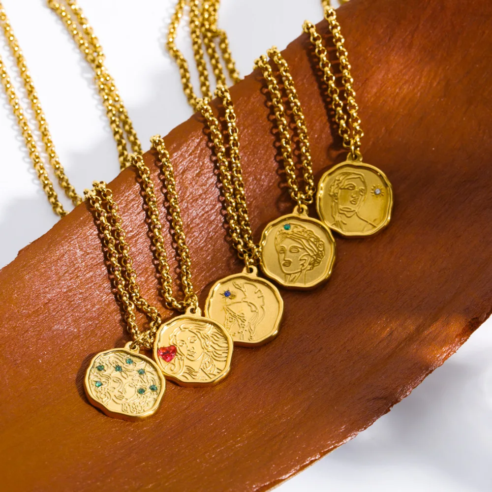 European Mythology Coin Necklace Greek Gaia Portrait Pendant Necklace 18K  Gold Stainless Steel Necklace for Women