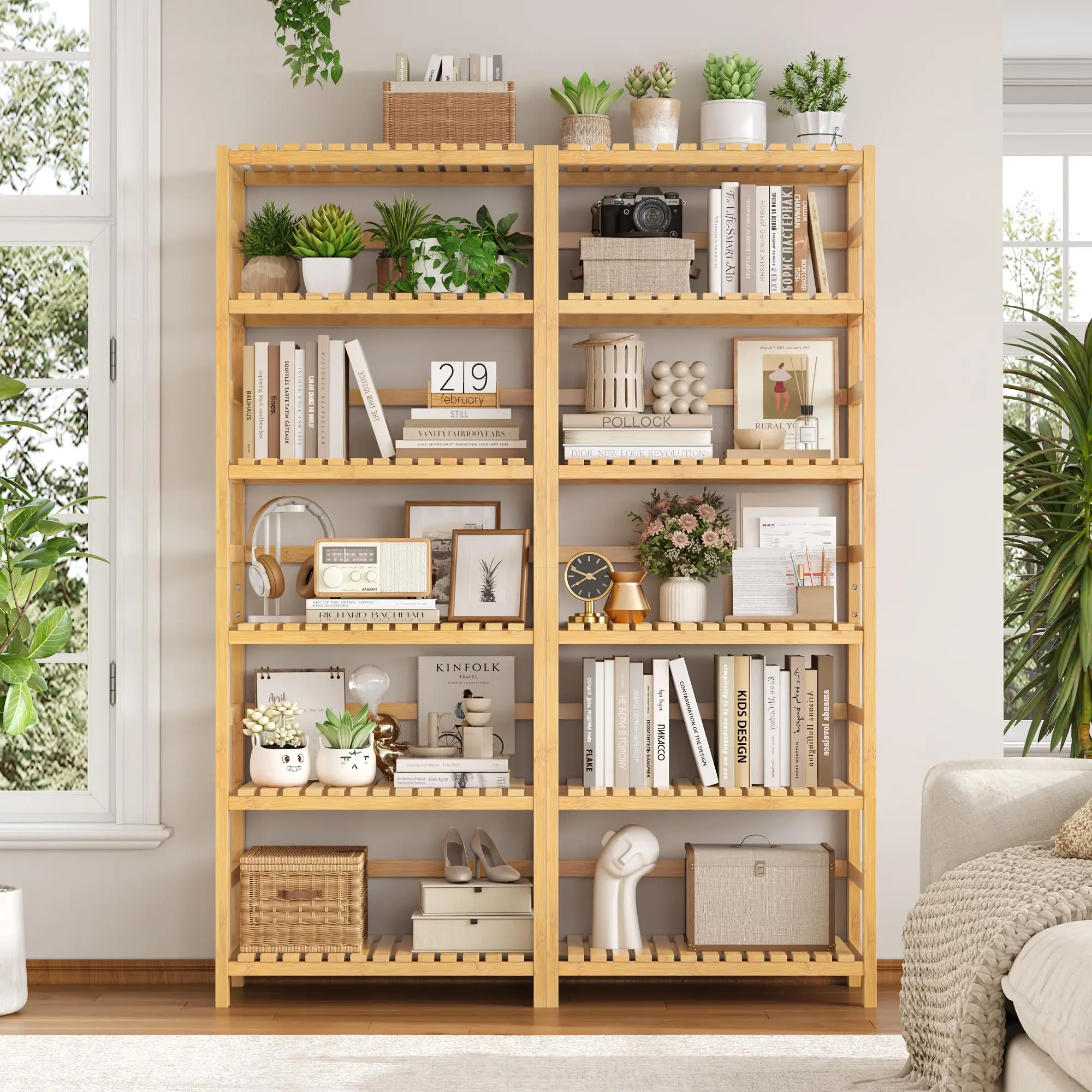 Bamboo Shelf Storage Rack Adjustable Layer Multipurpose Organizer Freestanding Bookshelf for Home Kitchen Display