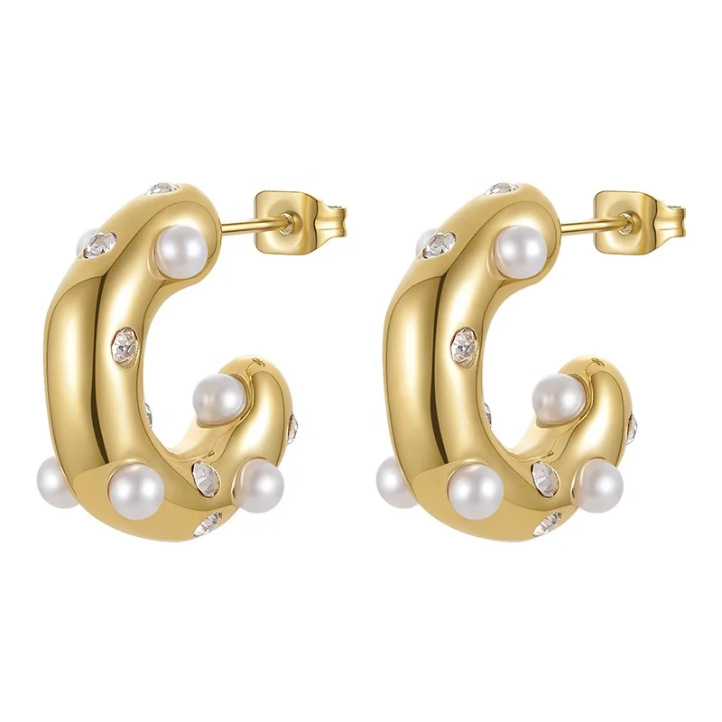 18K Gold Plated Stainless Steel Jewelry C-Shaped Sticky Pearl Zircon Design Accessories Hoop Earrings E221363