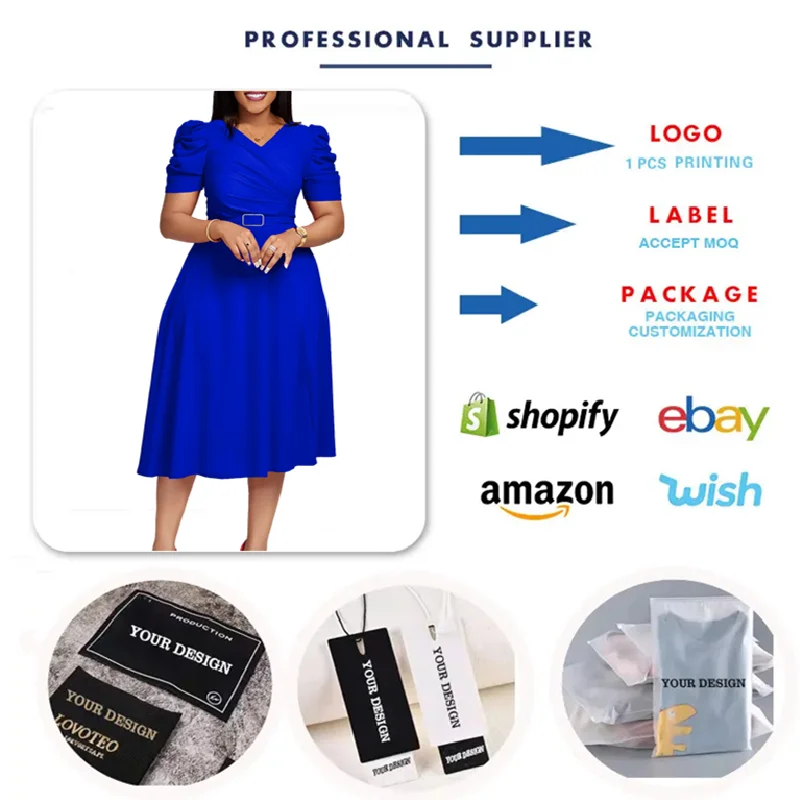 D490 Latest Design Elegant Summer Dress for Women Short Sleeve V-neck  Ruched A-line Ladies Office Dresses Women Casual Dresses