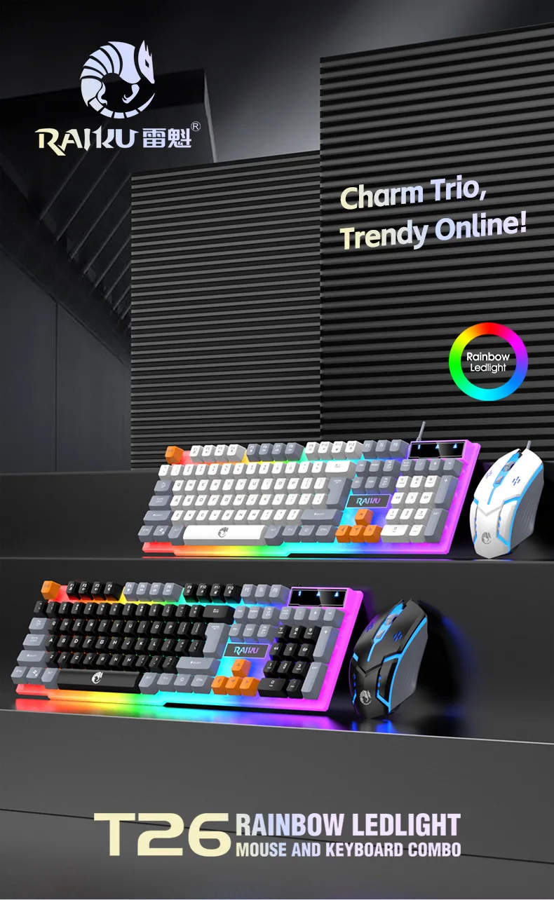 RAIKU T26 Tri-Color LED Gaming Mouse and Keyboard Set for Phone Use ...