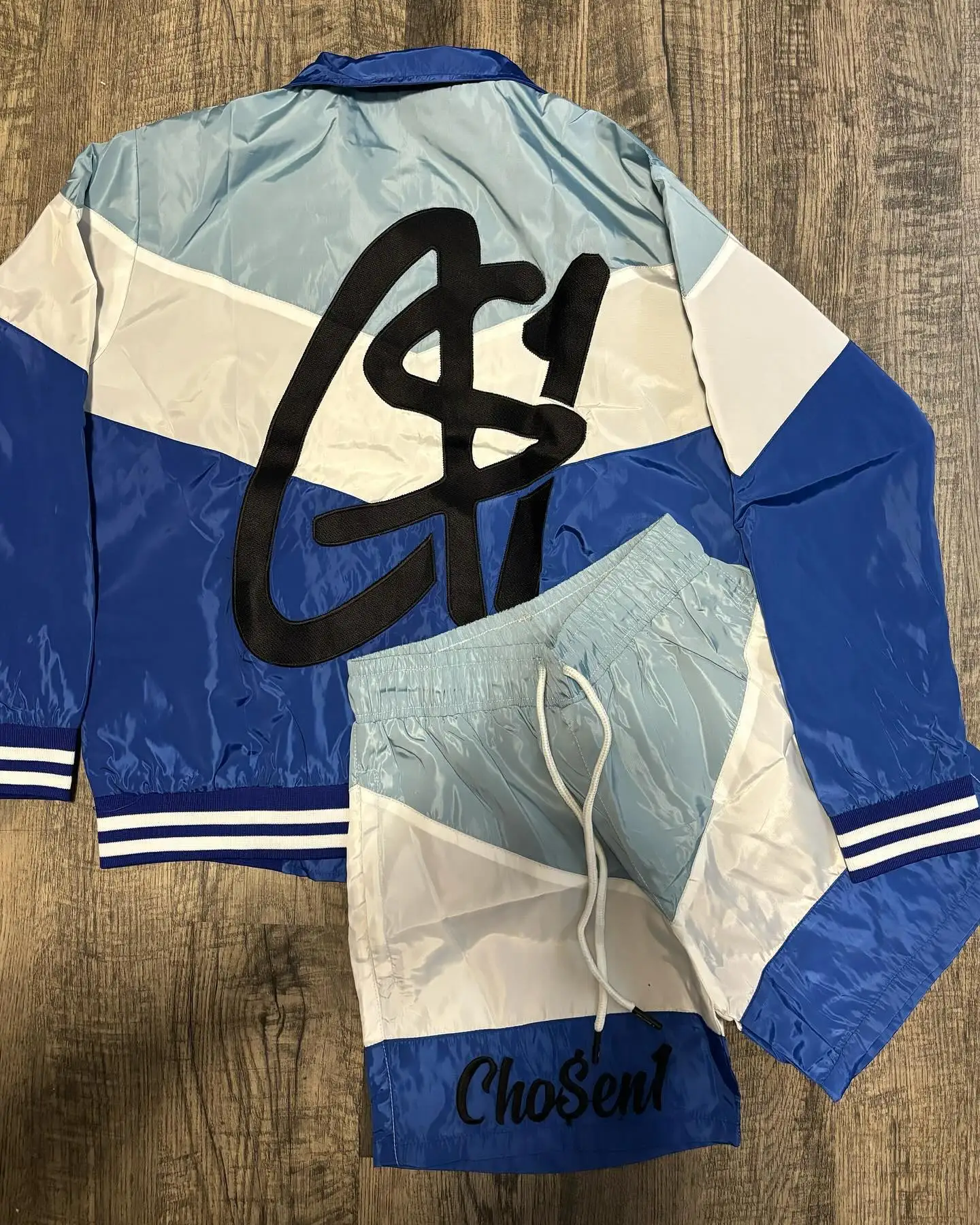 Custom Embroidery Unisex Sports Coat 2 Piece Jogger Suits Patchwork Windbreaker Nylon Zip up Jacket Tracksuit Shorts Set for Men gallery 12