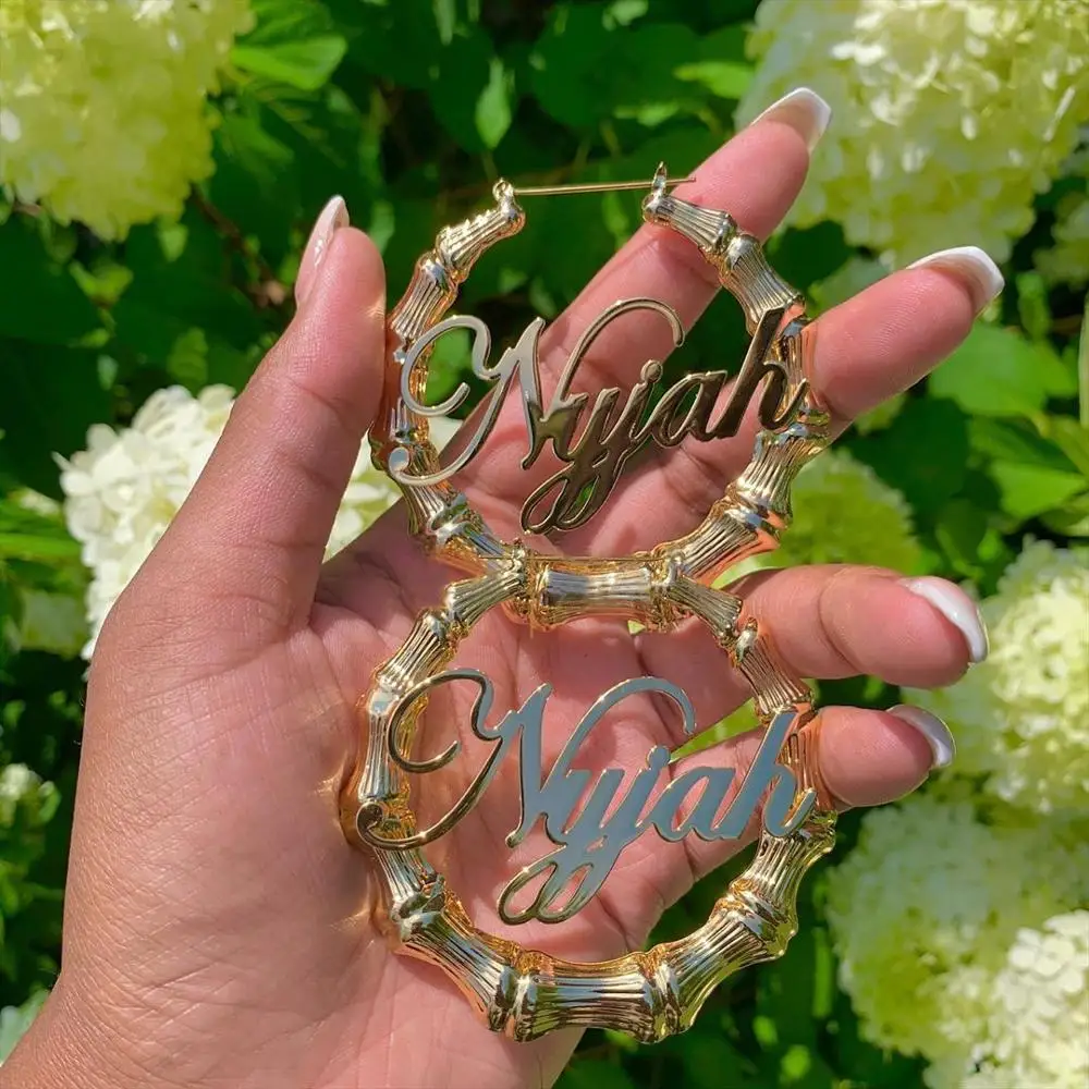 Bamboo Name Plate Real Gold Hoop Earrings With Name Large 10k Or