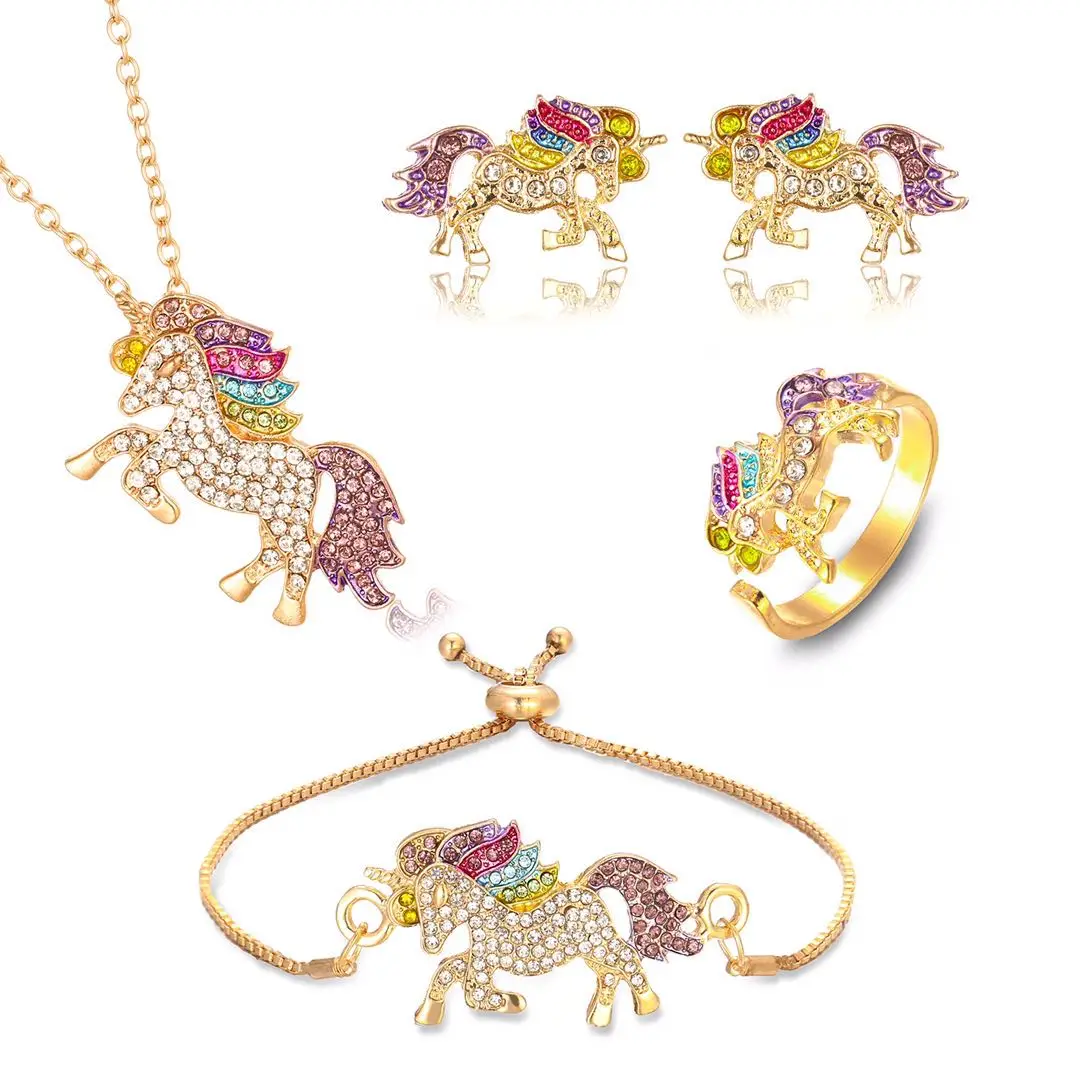 Factory sale various alloy new unicorn necklace bracelet ring jewelry set