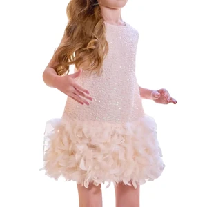 High Quality Girls Summer Sleeveless Sequin Feather A-Line Dress for Birthday Party