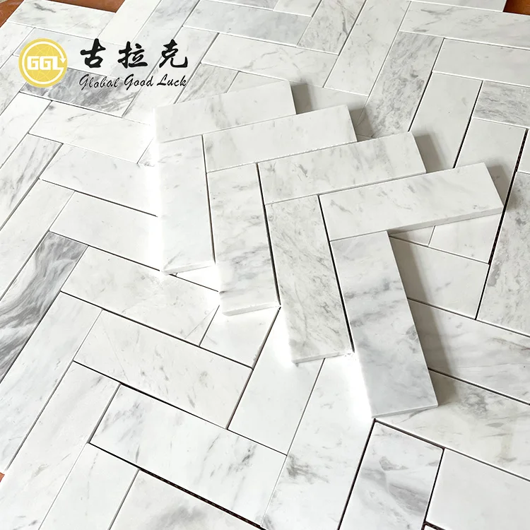 Volakas White Marble Herringbone Marble Mosaic For Bathroom Floor Tiles factory