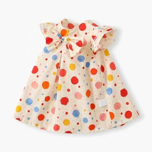 Children's Cotton Colorful Polka Dots Short Sleeve Bow Decorated Dress Infant Girls O - Neck Knee Length Apparel