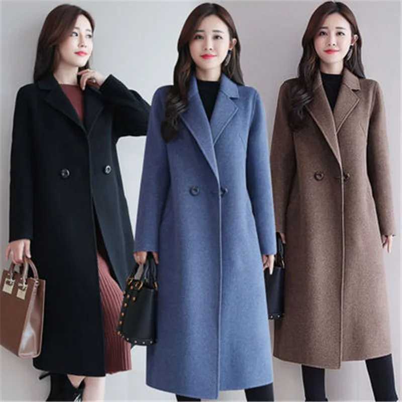 Wholesale Women Autumn Winter Woolen Long Coat Lapel Solid Color Korean ...