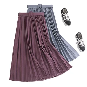 Women Empire Waist Breathable Casual Plain Dyed Pleated Skirt Solid Belted Summer Fashion Long Skirt