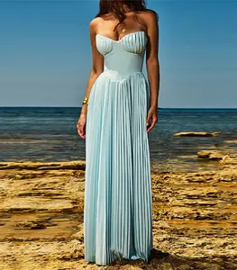 Off-shoulder Backless Pleated Maxi Dress for Women Fashion Strapless Sleeveless High Waist Bodycon Sexy Long Dress