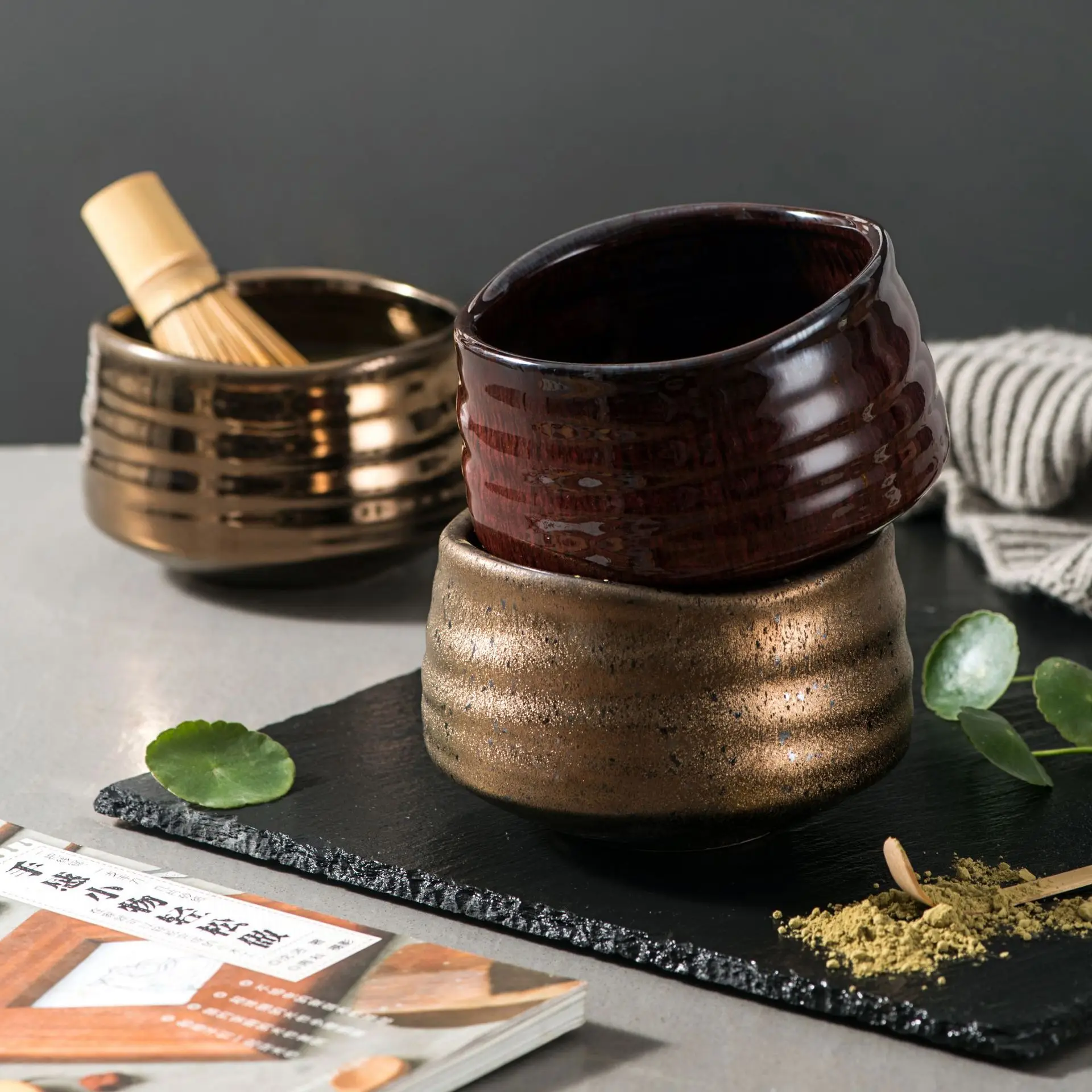 Japanese Style Temmoku Glaze Japan Matcha Green Tea Bowl Handmade Drinkware Ceramic Matcha Whisk and Bowl Set