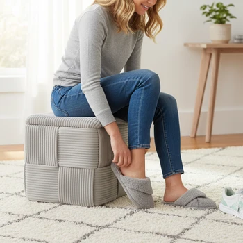 Multi-Functional Footrest Seat Small Square Ottoman Stool for Living Room Bedroom Dressing Table Shoe Changing