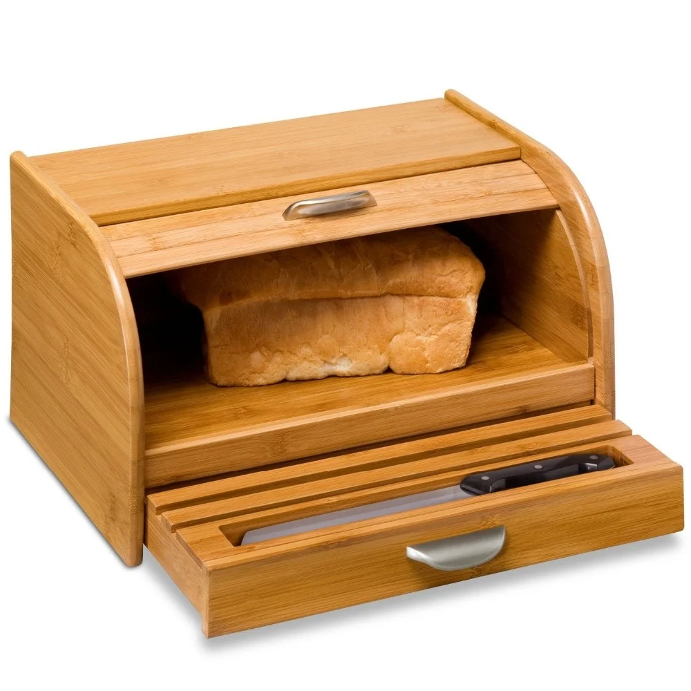 Bamboo Rolltop Bread with Knife Drawer Large Capacity Countertop Box Storage Bin with Pull-Out Drawer for Kitchen
