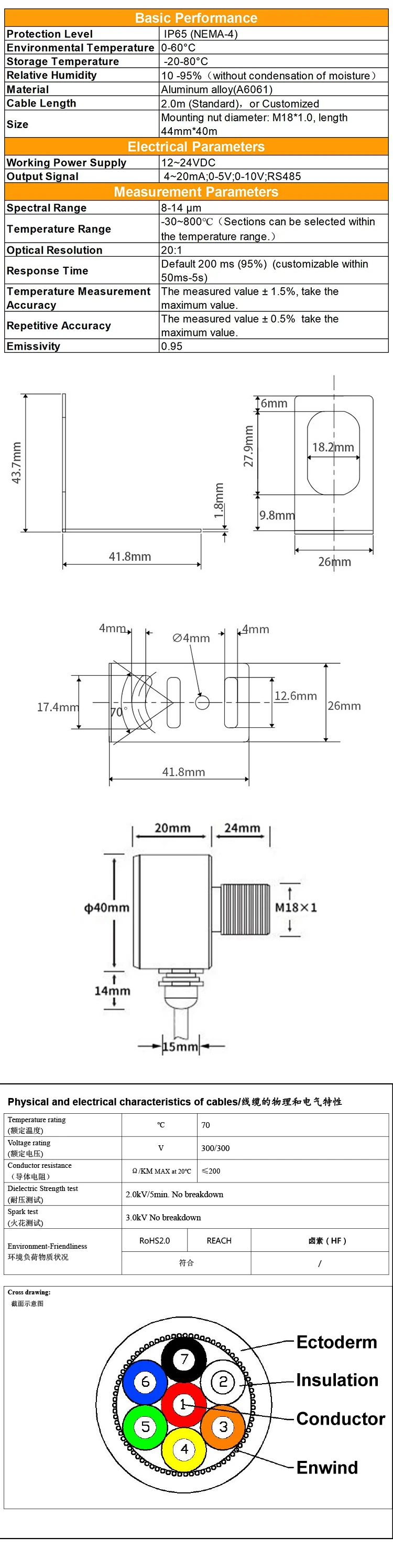 KASINTON JSD15A4 0-150℃ 4-20mA Used In Textile Pharmaceutical Glass Infrared Temperature Sensor factory