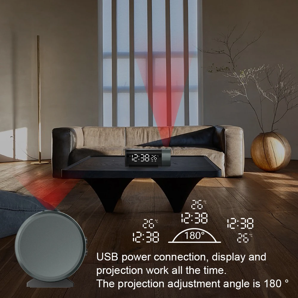 180 Rotation USB Bedside Alarm Clock Electronic Wall Snooze Alarm Projection Premium Bedside Temperature Clock