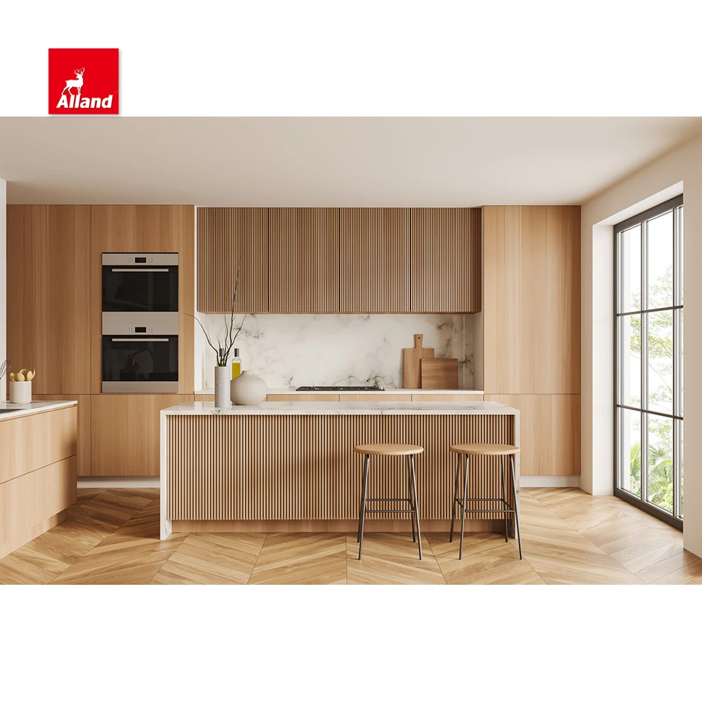 AllandCabinet Modern Design Timber Veneer Kitchen Cabinet and Fluted Panel Island Reeded Beaded Solid Wood Door Cabinets