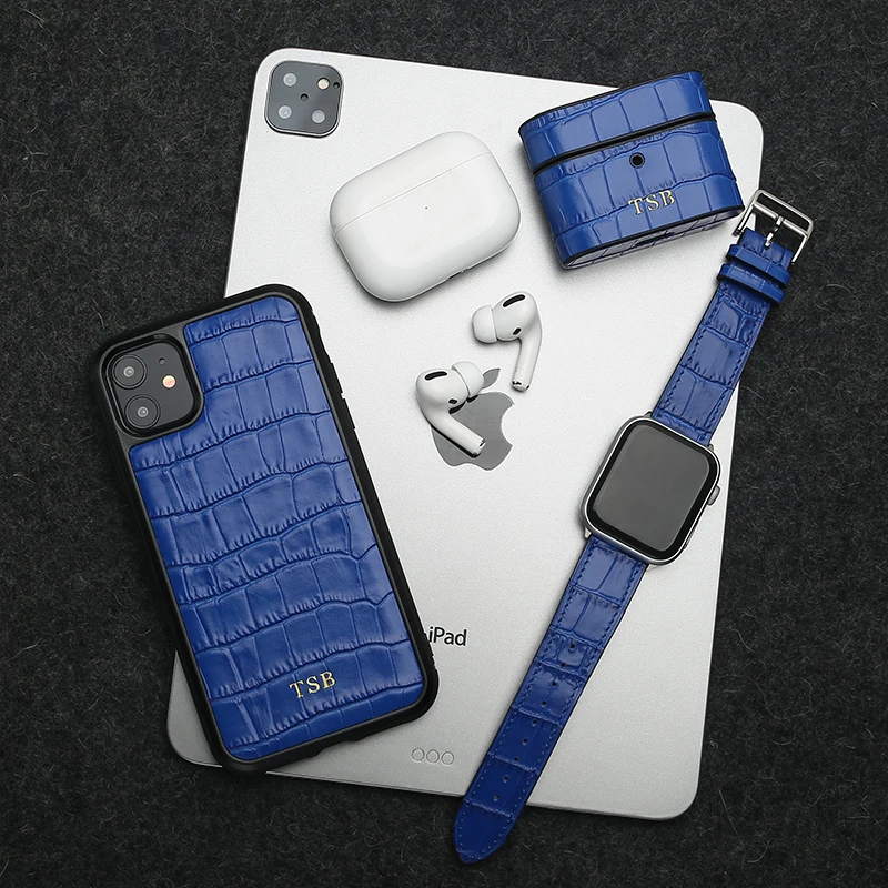 New Product Custom Luxury Phone Case Blue Crocodile Pattern Leather From Italy Phone Cover For Iphone 11 Pro Dropship