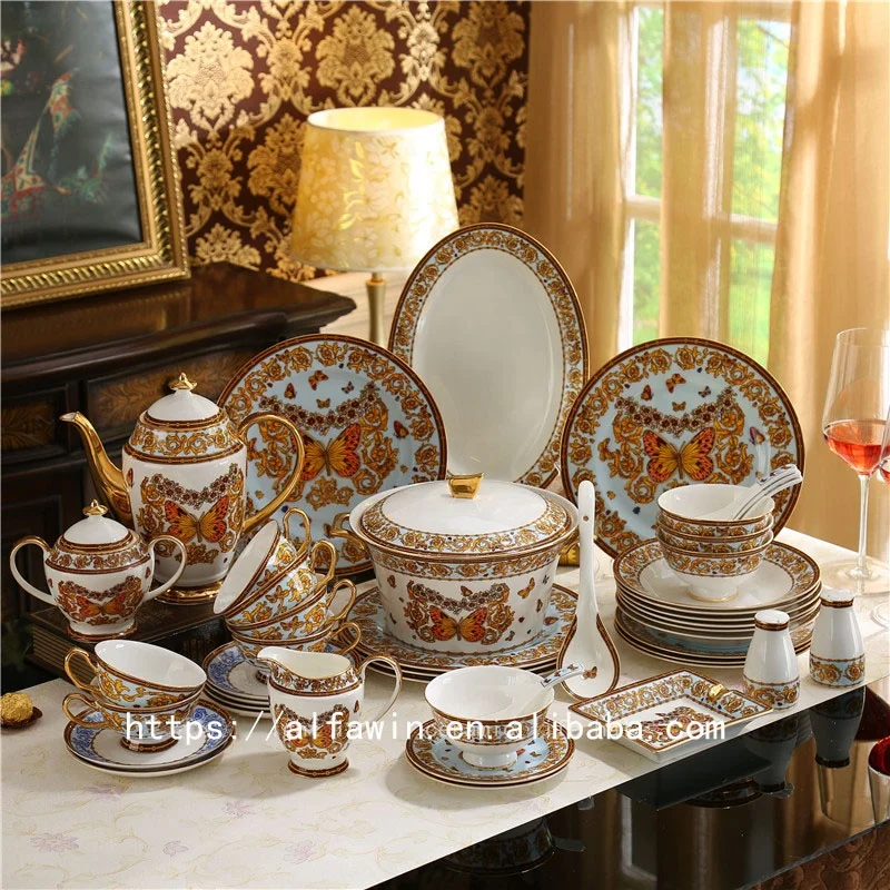 Wholesale 58pcs Minimalist Ceramic Tableware Set Porcelain Dinnerware  Kitchen Utensils Safe Coffee Dishes Bowl Spoon Plate Set