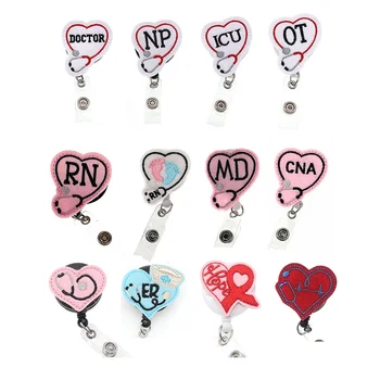 Medical Heart RN CNA ICU MD ER Stethoscope Retractable Felt Nurse ID Badge Holder For Nurse Accessories