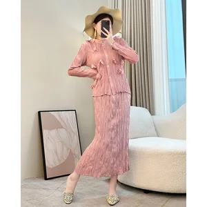 2026 Summer New Celebrity Fashion Women's Casual Top and Skirt Set Pink Embroidered Chiffon Woven Pattern