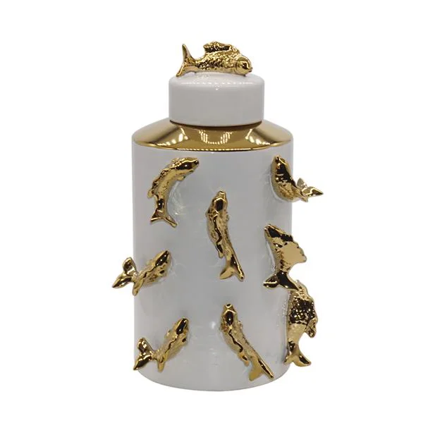 Новый креативный дизайн, статуя золотой рыбы, домашняя Роскошная декоративная белая керамическая банка, ваза с крышкой