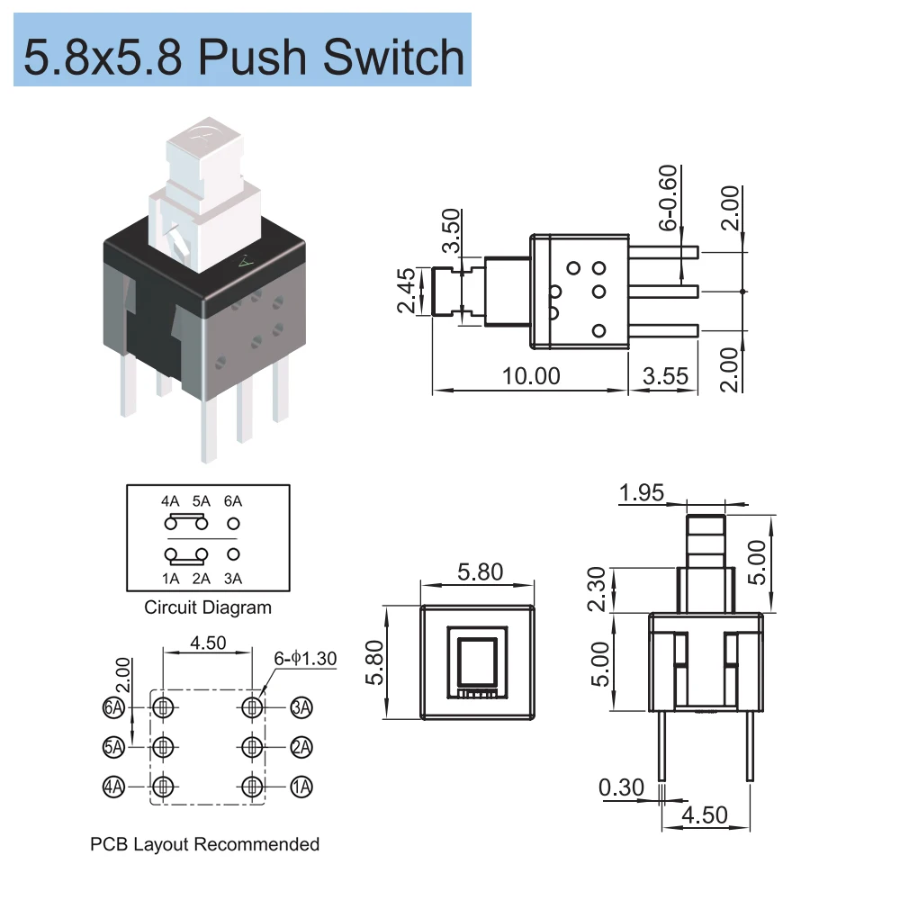 Youmile 150PCS Self Locking DPDT 6PIN Mirco Square Button Switches Kit With Button Cap 5.8X5.8mm 7X7mm 8X8mm 8.5x8.5mm