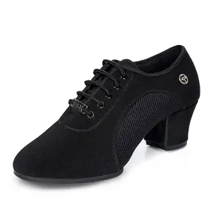 Women's Latin Ballroom Tango Dance Shoes Oxford Cloth Upper 5cm Heel Suede Outsole Black Practice Shoes