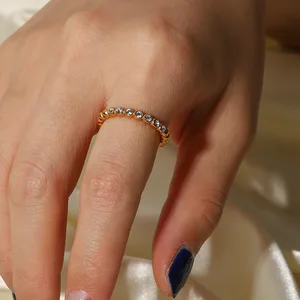 MW Women's Stylish 18K Gold-Plated Stainless Steel Zircon-Inlaid Open Adjustable Wedding Ring Elegant Luxury Daily Wear Jewelry