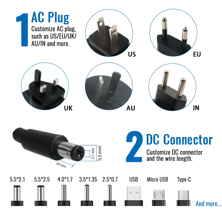 EU US plug 10w 12w 15w 18w 5v 9v 12v 15v 19v 24v 0.4a 0.5a 0.8a 1a 1.2a 1.5a 2a 5v power supply adapter supplier