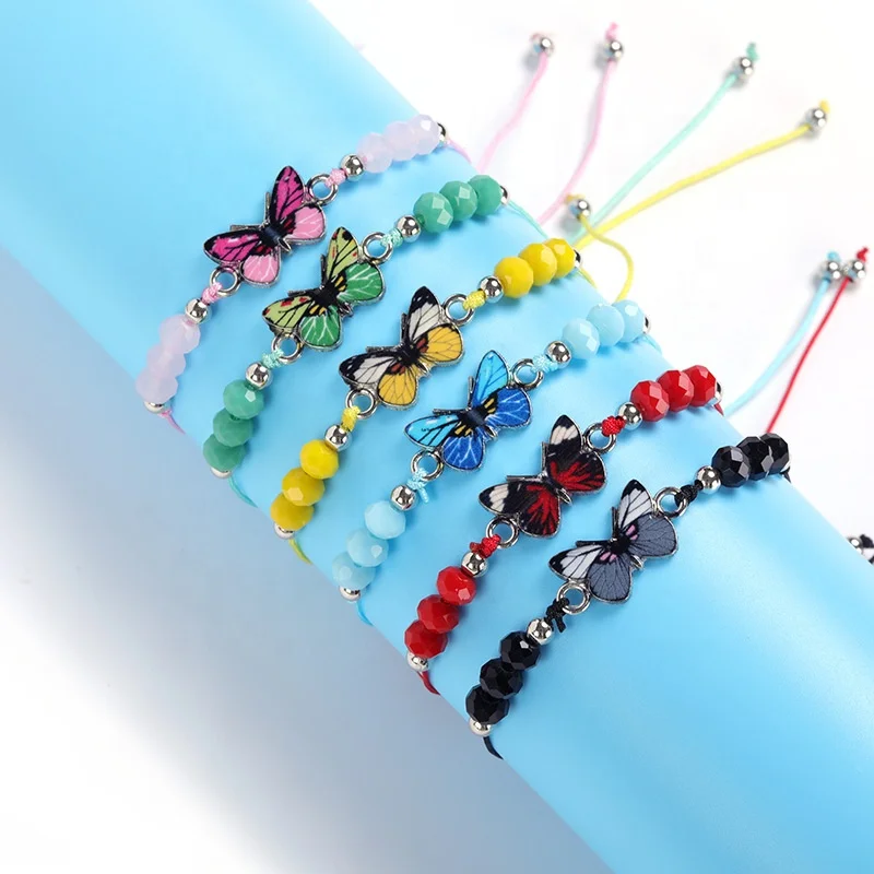 European and American Color Enamel Butterfly Handmade Rope Woven Adjustable Crystal Beads butterfly Bracelet Set