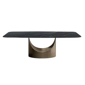 2024 New House Luxury Marble Bronze Stainless Steel Base Customized Black Slate Dining Table for villas