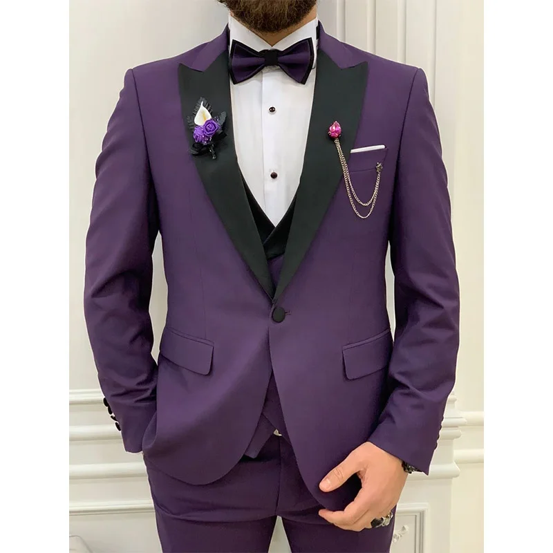 Costume 3 Pièces Velours Violet Pour Homme - Veste, Gilet, Pantalon Ajusté, Mariage/fête, Neuf