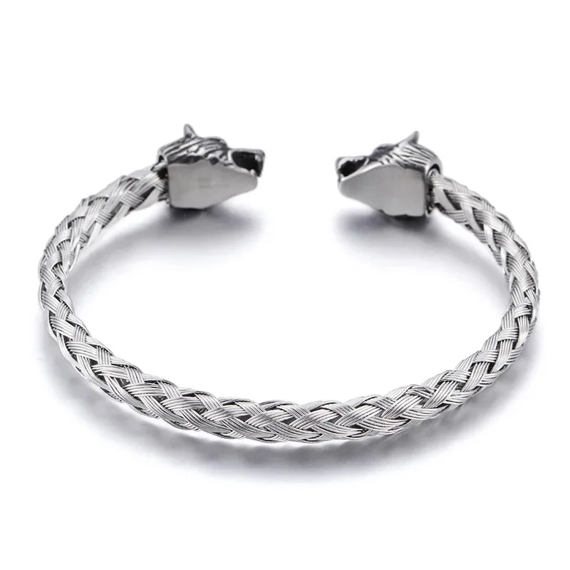 Men's Wolf Head Bracelet - Stainless Steel Braided Cable Cuff Bangle, Adjustable 19-22cm, Polished Grey Black Finish - View #10