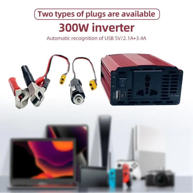 300W Power Inverter Double 12V to 110V AC Car Plug Adapter for Car Cigarette Lighter, Outlet Converter with Alligator Clip USB +