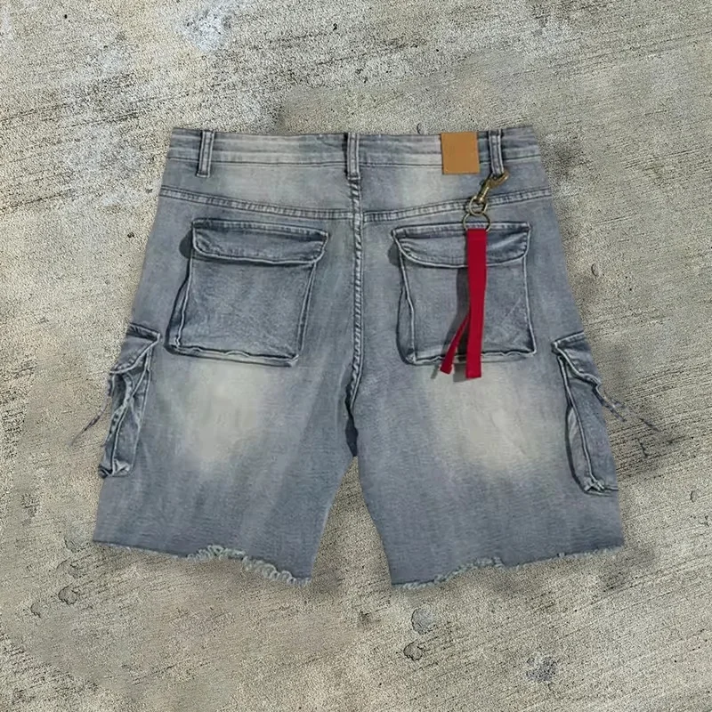 Custom Heavyweight Summer Multi Pocket Denim Trousers Unisex Acid Pickling Lower Hem Cut Edge Denim Pant Ripped Jeans for Men gallery 3
