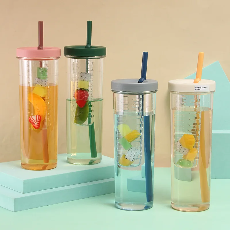 700ml Clear Plastic Juice Bottles with Tea Infuser and Straw