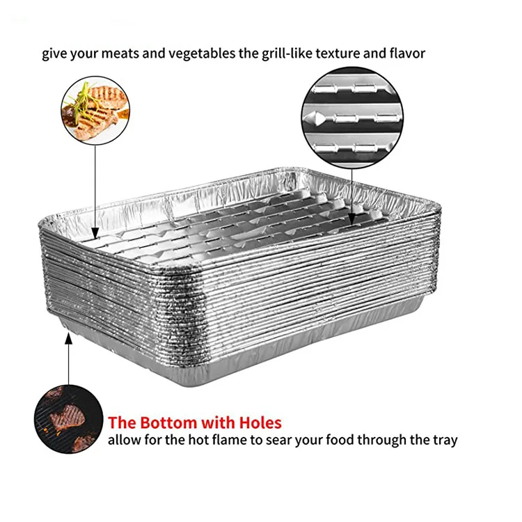 product 1000ml certified durable broiler pans rectangle disposable tin foil bbq grill perforated aluminum foil bbq tray with holes-4
