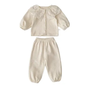 2025 Autumn Girls' Versatile Two-Piece Long-Sleeved Set Casual Print Pure Cotton Cardigan Large Lace Collar Top Trousers Suit