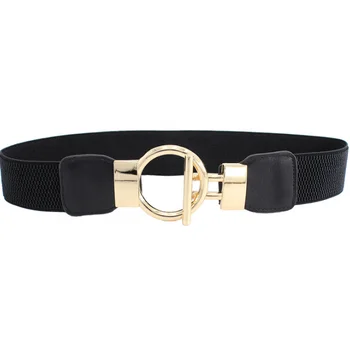 4cm Width Wide Black Red White Plain Elastic Stylish Round Gold Buckle Stretch Belt for Women