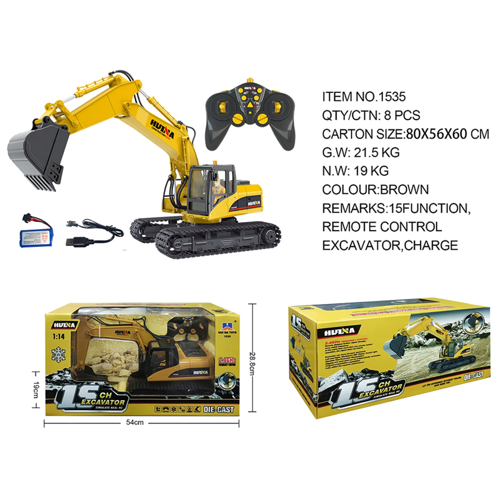 HUINA 1535 RC Excavator 1:14 Scale Construction Truck - Die-Cast