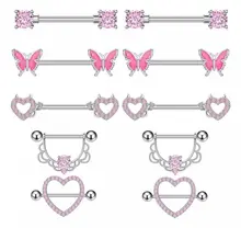 5Pairs/set 14G Nipple Rings Stainless Steel Pink Heart Butterfly Flower CZ Barbell Tongue Rings Set Cute Piercing Jewelry