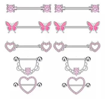 5Pairs/set 14G Nipple Rings Stainless Steel Pink Heart Butterfly Flower CZ Barbell Tongue Rings Set Cute Piercing Jewelry