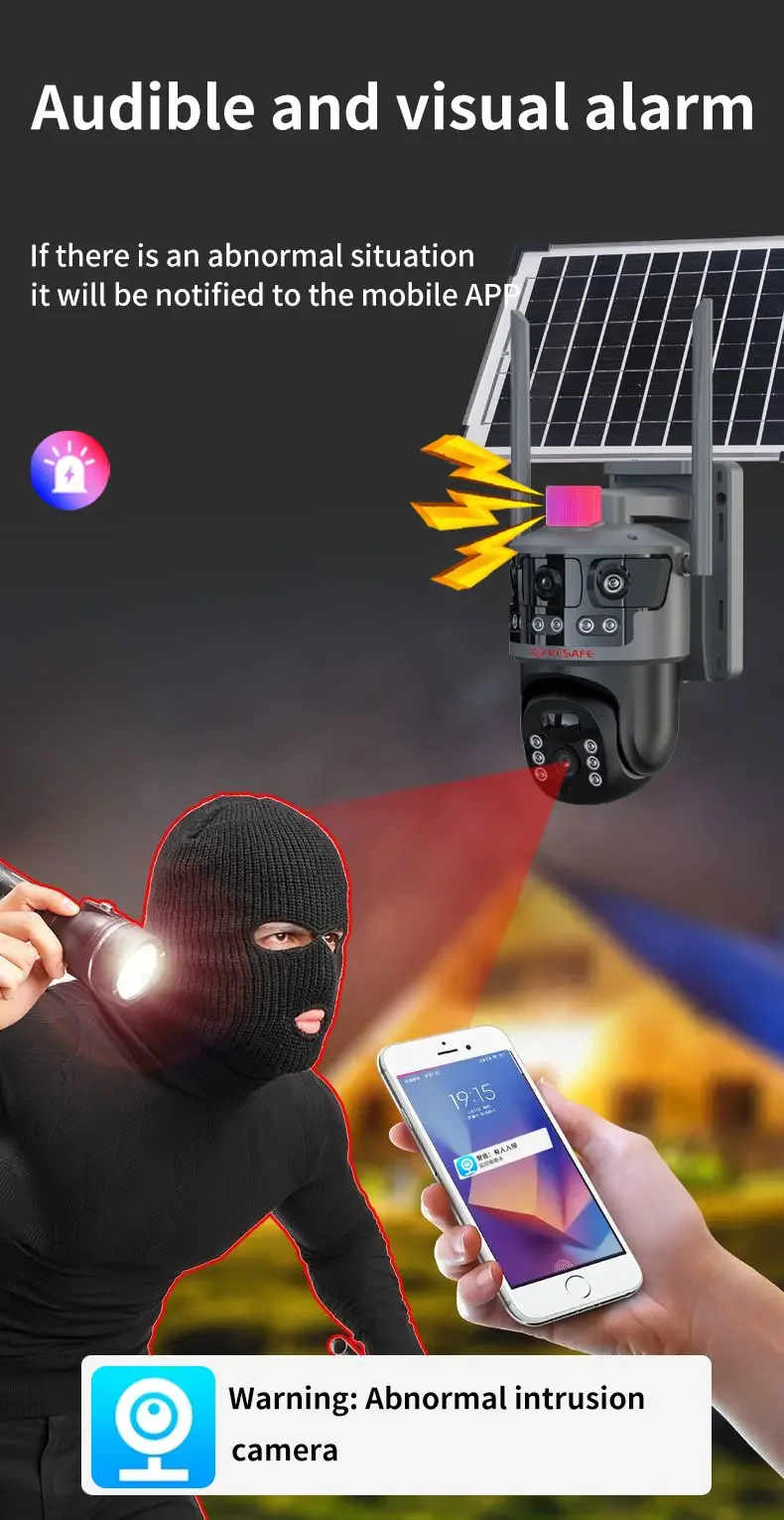 V380pro AI Auto Detection Smart Camera HD Solar Waterproof IP66 Panoramic Wireless Wifi Remote 4G Triple CMOS Network PTZ Camera