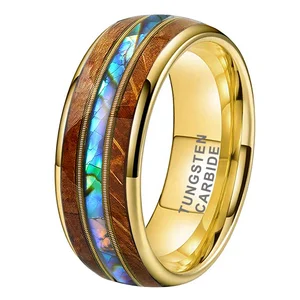 Coolstyle Jewelry 8mm Whisky Wood Guitar String Shell Inlay Gold Tungsten Ring for Men Women Fashion Engagement Wedding Band