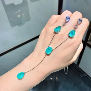 Fine Jewelry Set with Green Simulation Paraiba Earrings 10*14 Pendant Necklace Copper Material Fashionable for Weddings Parties