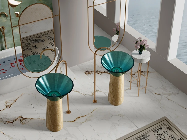 Designer Style Travertine Pedestal and Blue Transparent Resin Wash Basin Minority Art Free Standing Bathroom Sink for Hotel