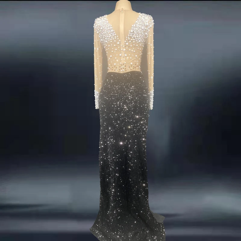 Luxury Stage Show Performance Model Party Dress Long Sparkly Diamond Beaded  Black and White 21St Birthday Dress