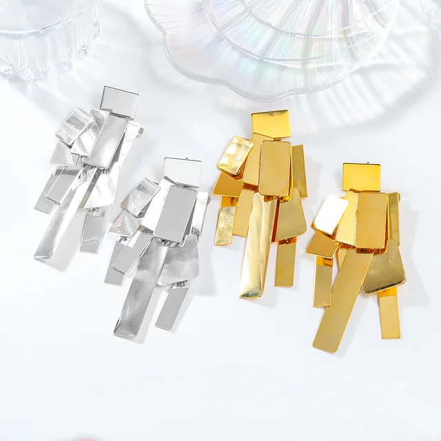 Spring New Alloy European and American Female Trendy Multi layered Square Bright Metal Jewelry wholesale Stud Earrings for Women