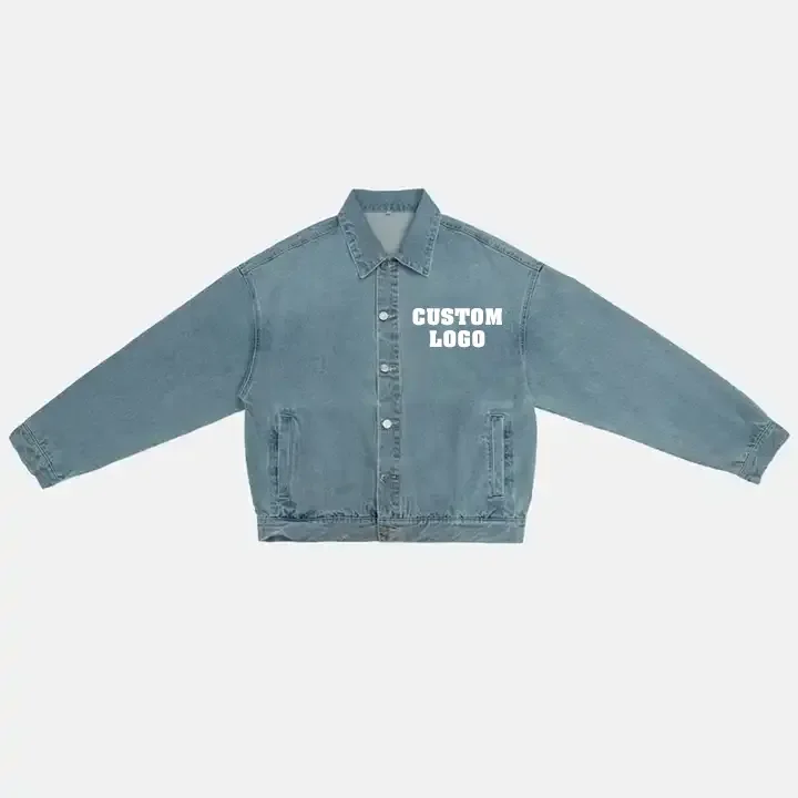 OEM Wholesale Fashionable Customized Chenille Patches Cropped Length  Oversized Light Washed Denim Jeans Jacket