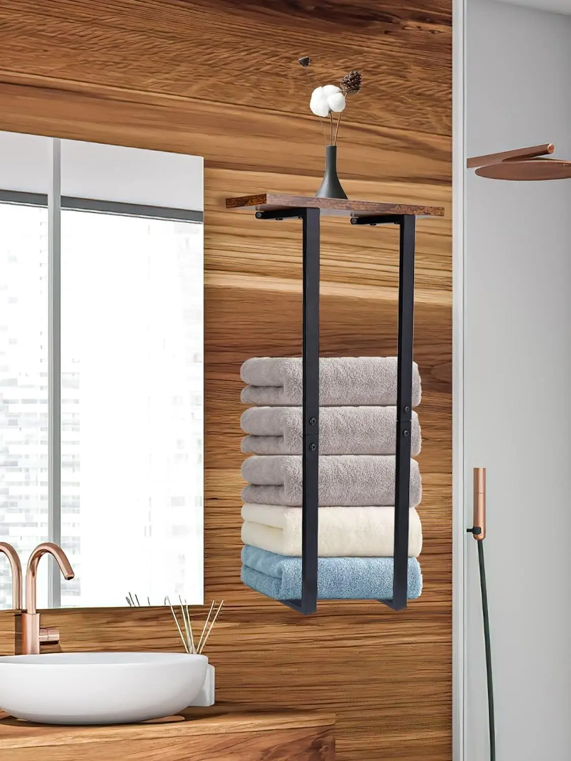 Bathroom Towel Rack With Wooden Shelf Wall Mounted For Rolled Towels